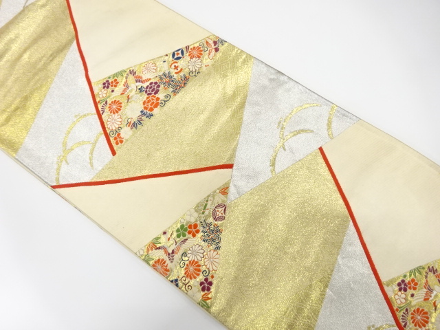 アンティーク　切りばめ風　鶴に宝尽くし模様織り出し袋帯（材料）